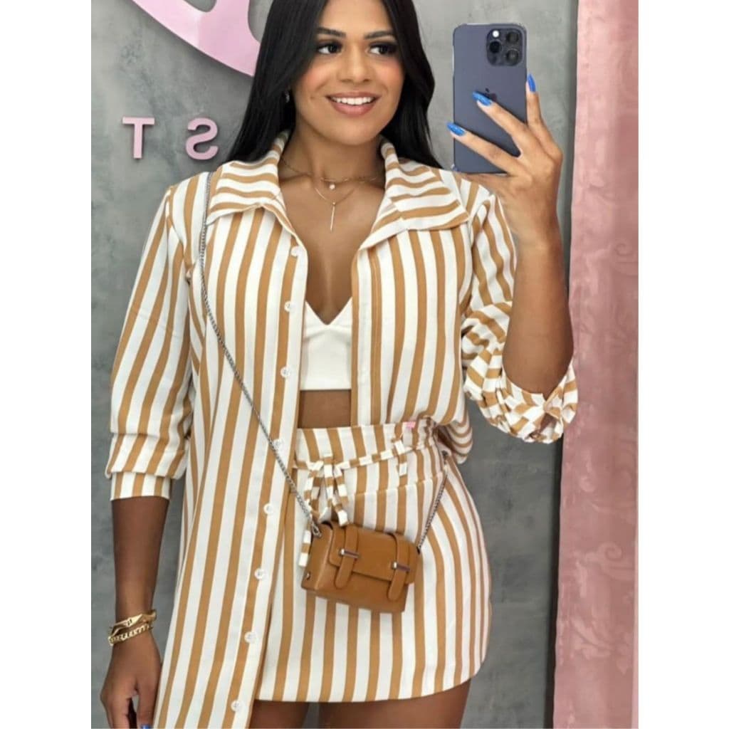 Conjunto Camisa Chemise e Saia Feminino Listrado Moda feminina Verão