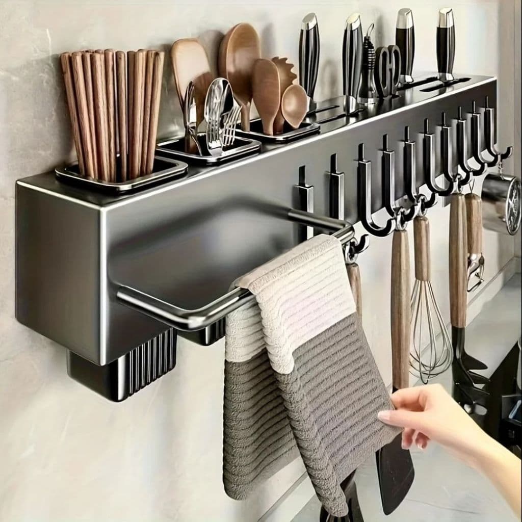 Porta Talheres e Utensílios de Cozinha Suporte 6 ou 10 Ganchos Organizador