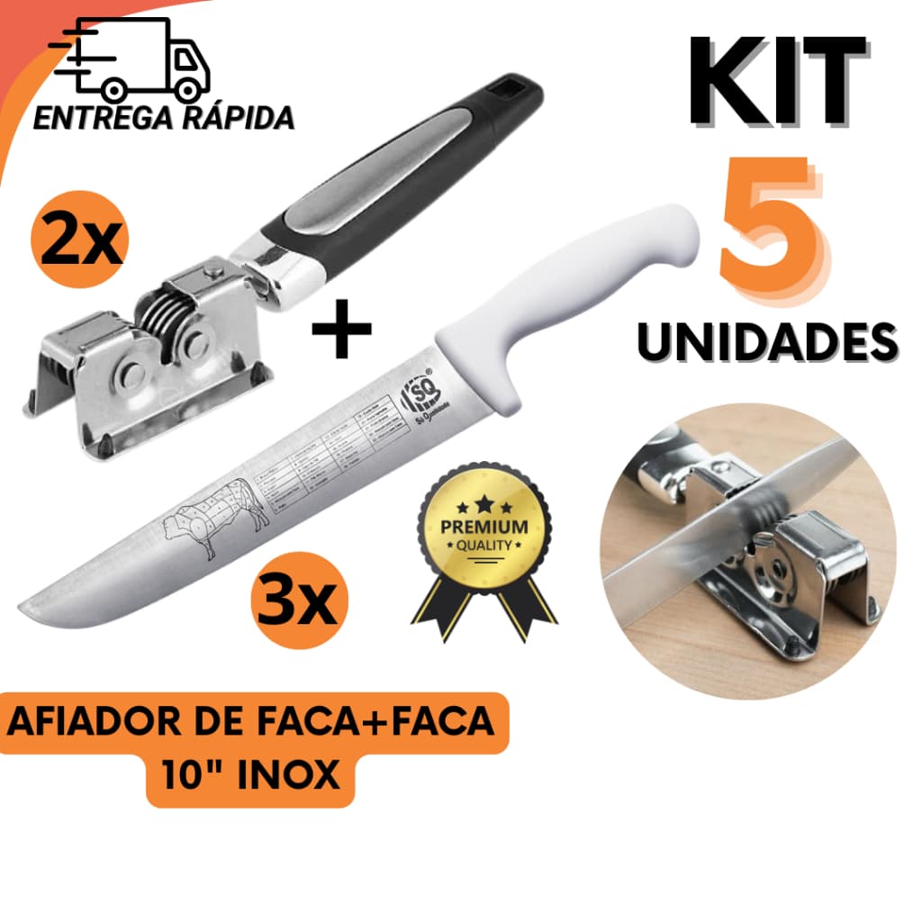 Conjunto Faca 10" Profissional Inox + Afiador Inox Para Casa Enxoval Açougue