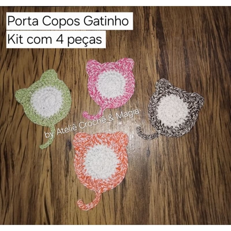 Kit de Porta Copo de Gatinho em Crochê, descanso de copo, taça, caneca