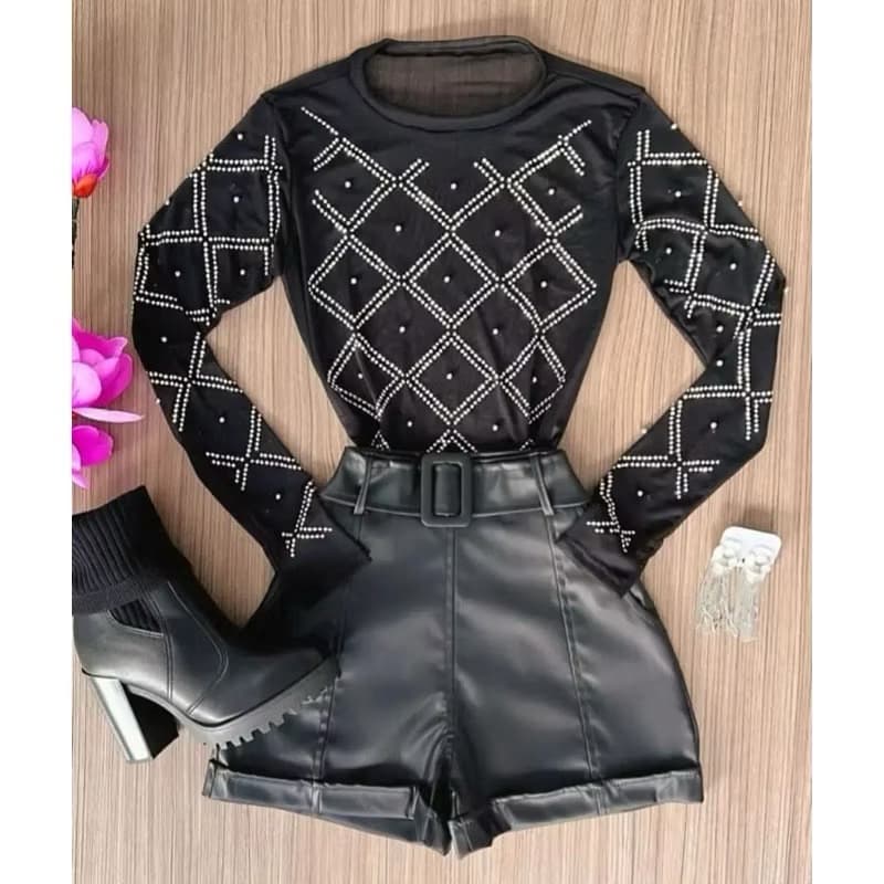 Conjunto Feminino Bory Tule Pedrarias E Short Couro
