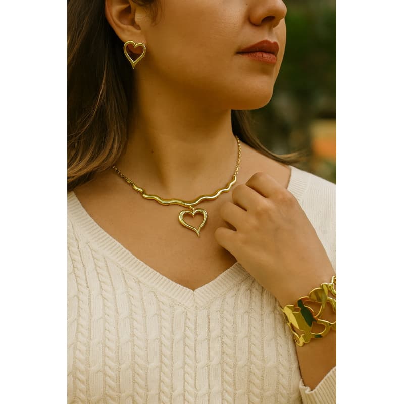 Conjunto Bijuteria Feminina Dourada | Colar e Brinco Coração | Acessório Elegante