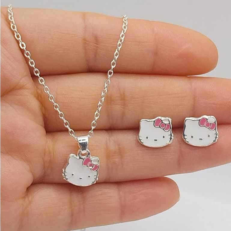Colar e Brincos Infantil da Hello Kitty Folheado a Prata e Ouro