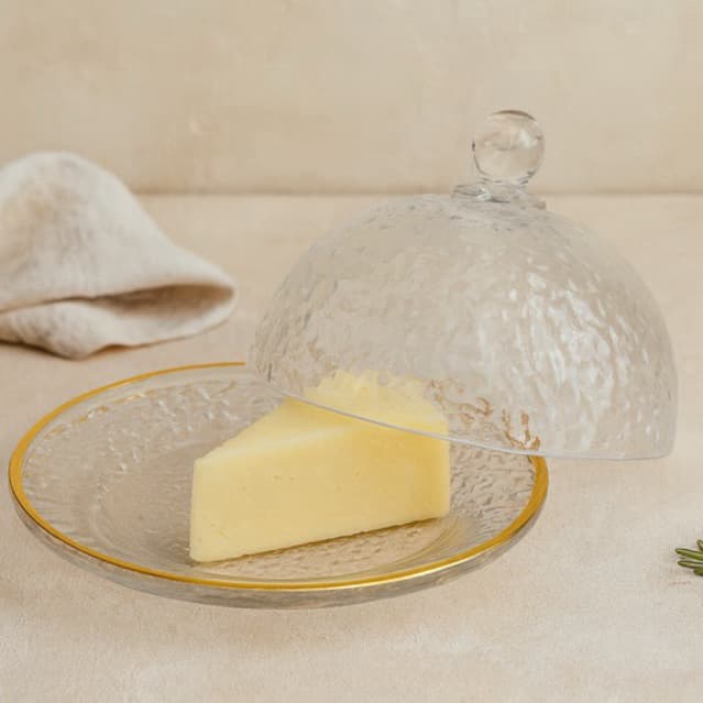 Queijeira de Cristal Martelado com Tampa e Fio de Ouro Petra 19,5cm x 13cm - Lyor