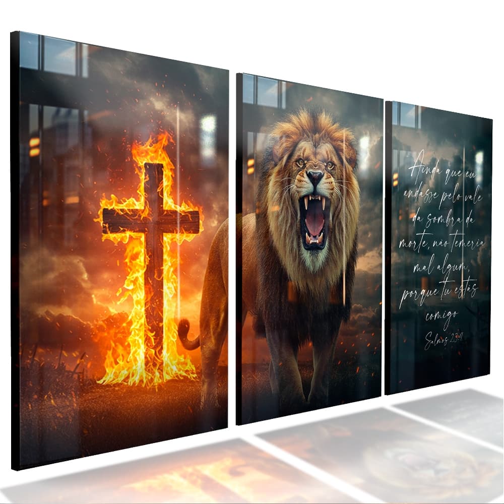 Quadro Decorativo Leão Cruz Fogo 3d Religioso 3 Peças
