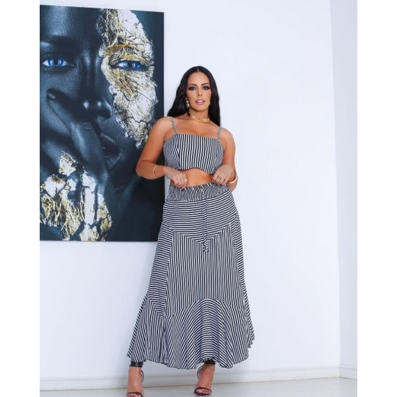 Conjunto  Feminino Saia Cropped com Elastex - Conjunto Verão Listrado