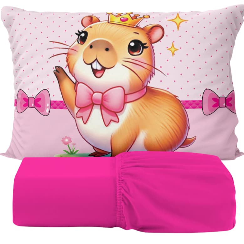 Jogo de Lençol Solteiro 2 Pçs Menina Capivara Fofa Rosa Pink Estampas Excluivas Premium