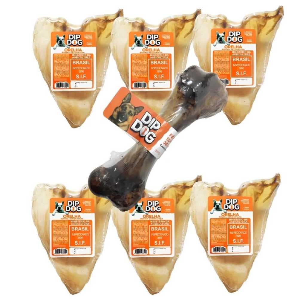 Kit 6 Mordedores Orelha Bovina Desidratada Para Cães Dip dog + Brinde 1Femur Suino Envio Imediato