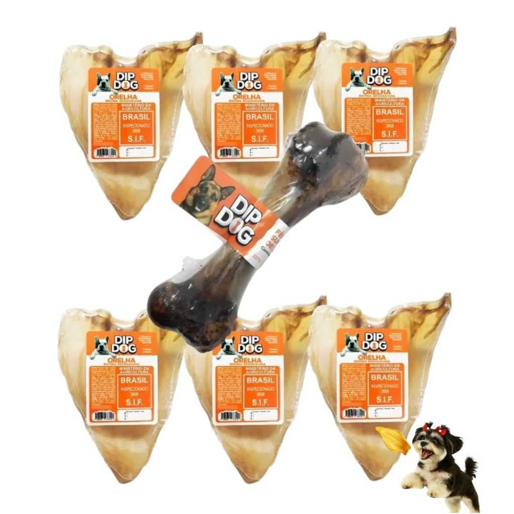 Kit 6 Mordedores orelha bovina desidratada natural Dip Dog + 1 femur suino Brinde