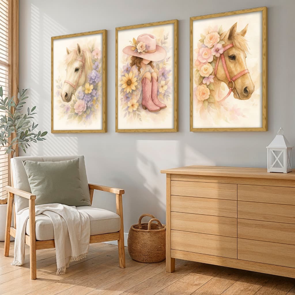 Kit 3 Quadros Decorativos Infantil Menina Cavalo Flores Country Sala Quarto Parede
