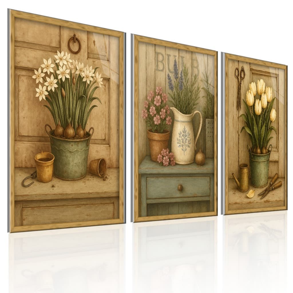 Kit 3 Quadros Decorativos Flores Rústico Vintage Vasos Cozinha Sala Quarto Parede Moderna