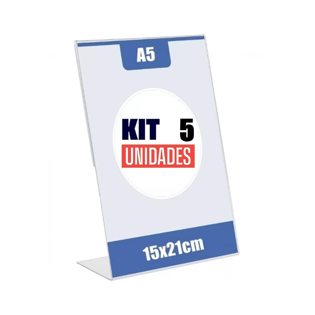 Kit com 5 Display Expositor Acrilico L Tamanho A5 15x21cm Vertical