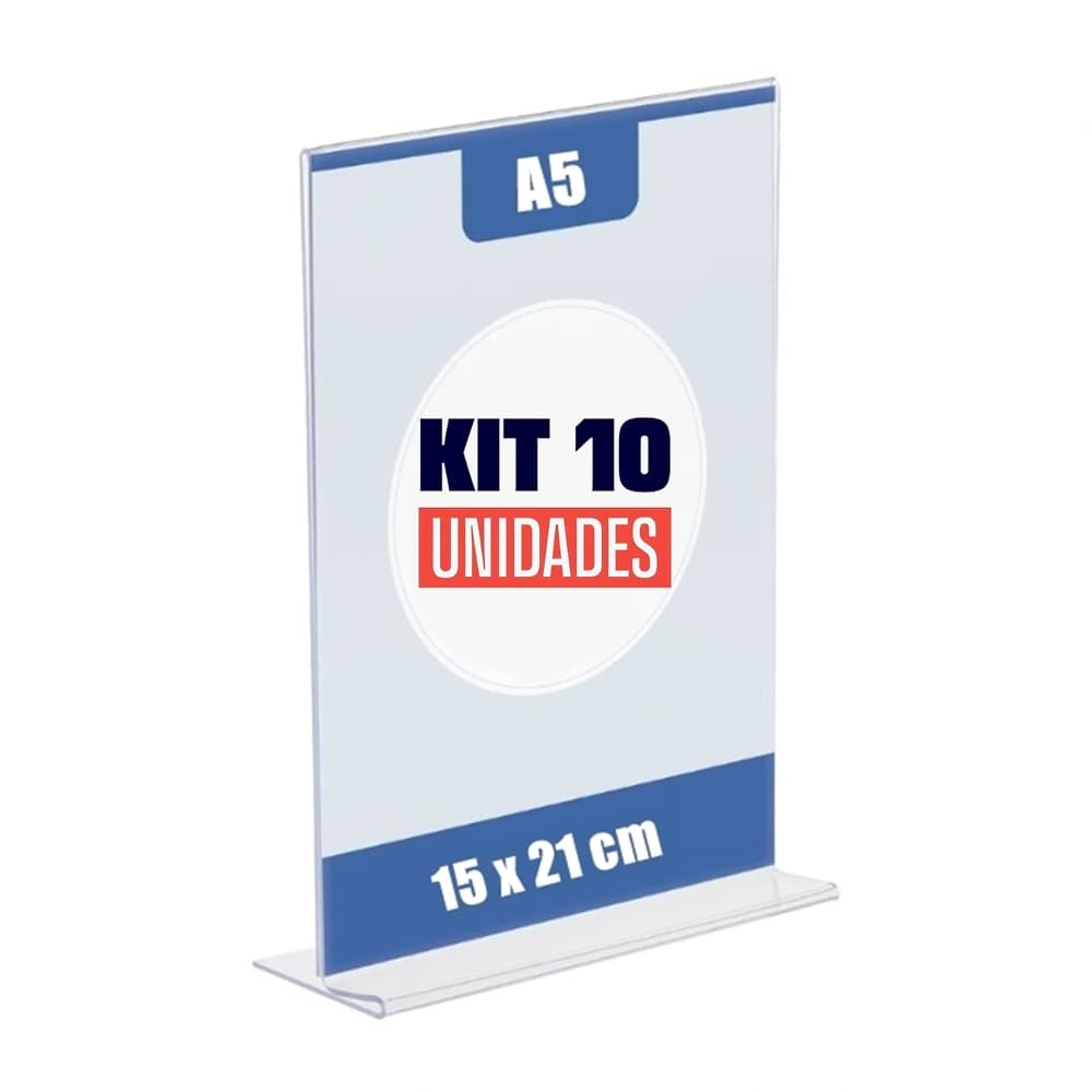 Kit com 10 Display Expositor Acrilico T Tamanho A5 15x21cm Vertical