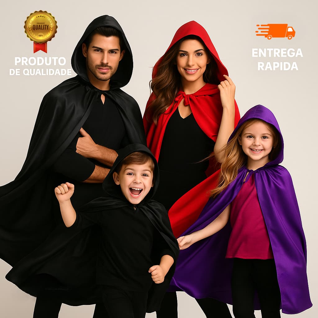 Capa de Fantasia Unissex Adulto e Infantil Cetim Brilhante com Capuz Halloween Cosplay