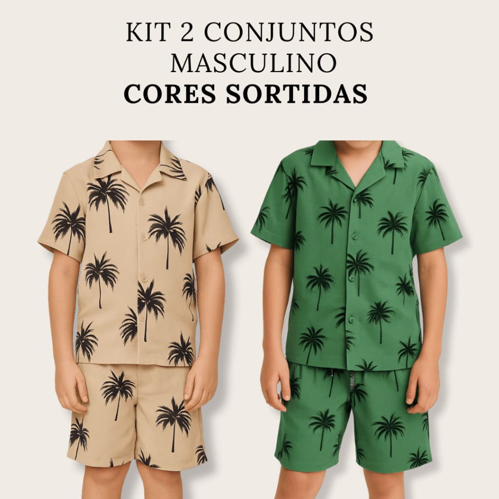 Kit 2 Conjuntos Masculino Infantil Estampado Camisa e Short - Tecido Crepinho, Leve e Confortável Primavera/Verão - CORE