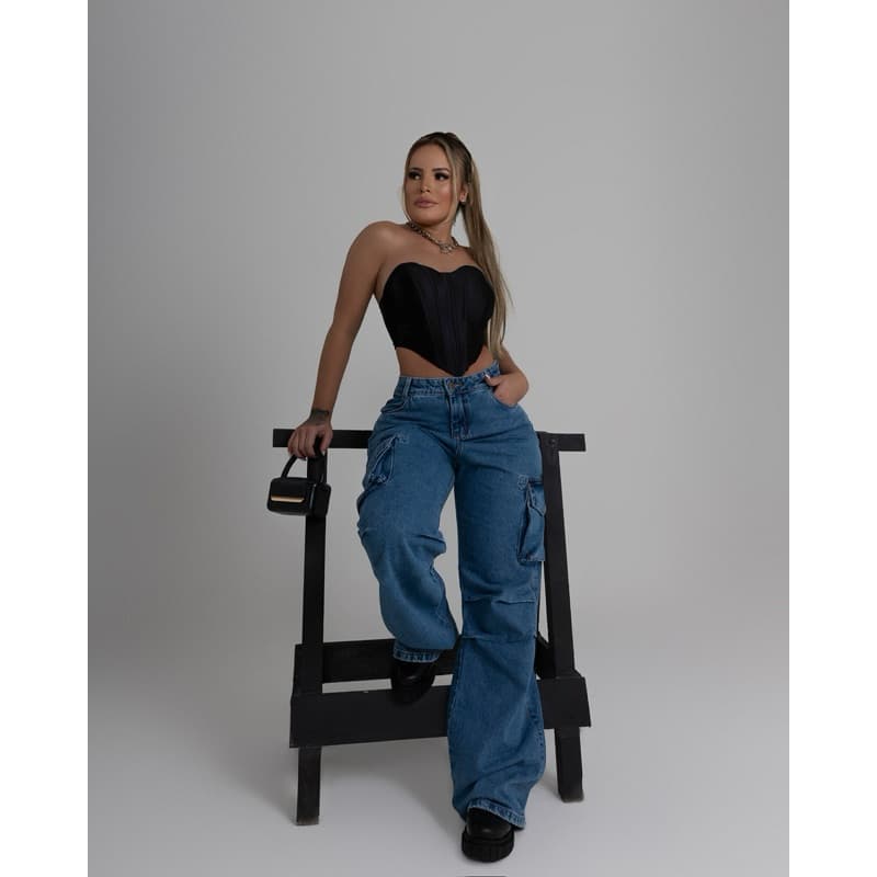 CALÇA JEANS FEMININA , CALÇA CARGO , WIDLEG  , CINTURA ALTA , SEM ELASTANO , CALÇA JEANS COM DOBRAS NOS JOELHOS