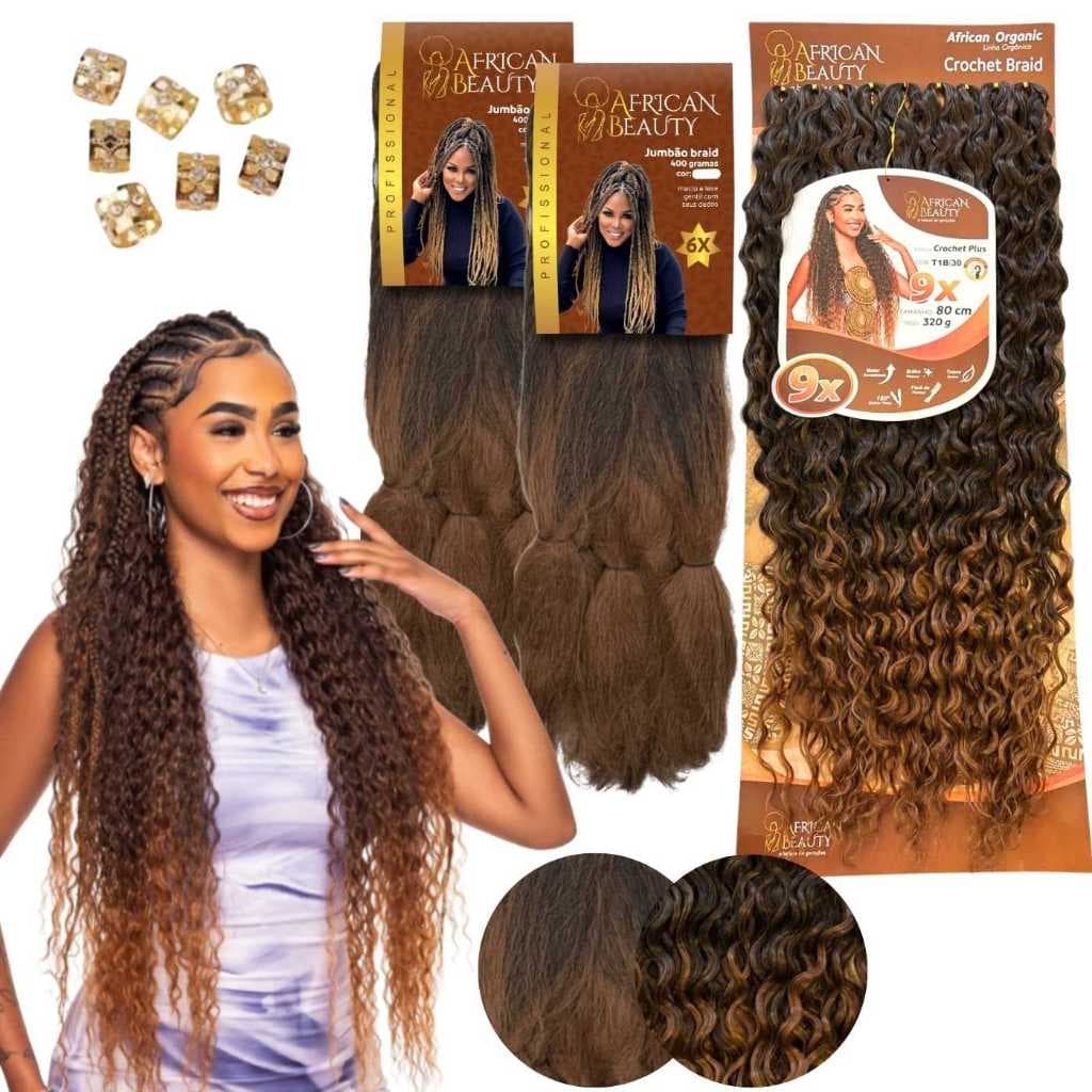 kit 3 Cabelo Jumbo African E Crochet Plus Orgãnico Cacheado 80cm