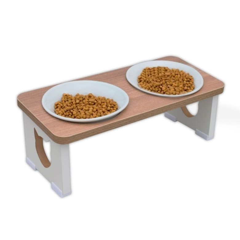 Comedouro Bebedouro Elevado Duplo para Gatos MDF Tigela Porcelana Inox Linha Premium