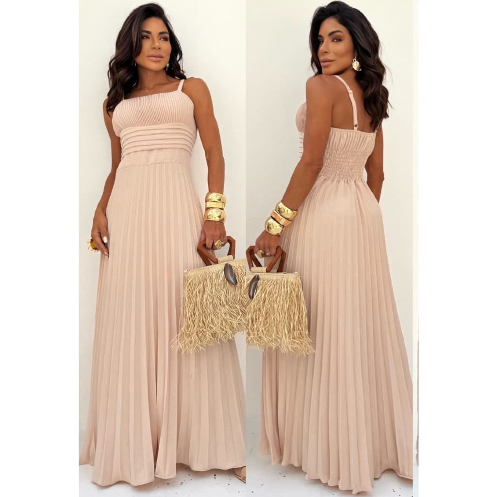 Vestido Feminino Longo Plissado  Elegante de Alça Regulável e Elastex Duna Tendêndia Ano Novo Chique