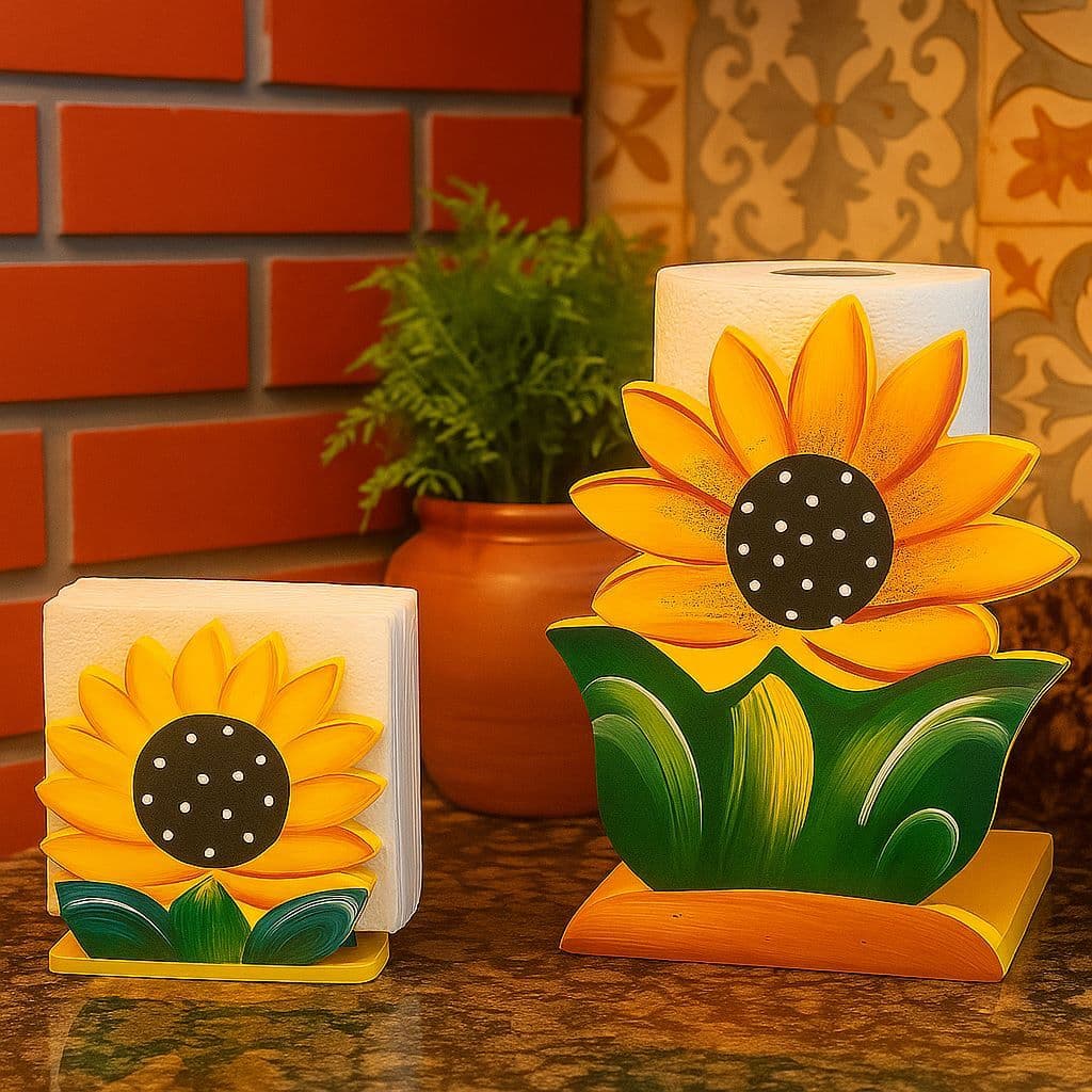 KIT PORTA ROLO PAPEL TOALHA E PORTA GUARDANAPO GIRASSOL E ARARAS DE MADEIRA ARTESANATO PINTADO À MÃO
