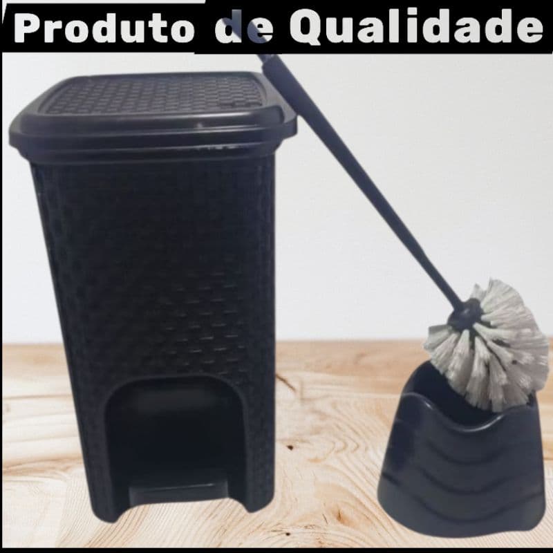 Kit Lixeira Rattan Preta PEDAL 07 litros + Escova Sanitária Reforçada- CASA -ELEGANTE