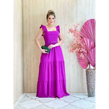Vestido Feminino Longo 3 Marias com Decote Quadrado Alça e Babado em Duna Pipoca com Renda na Frente