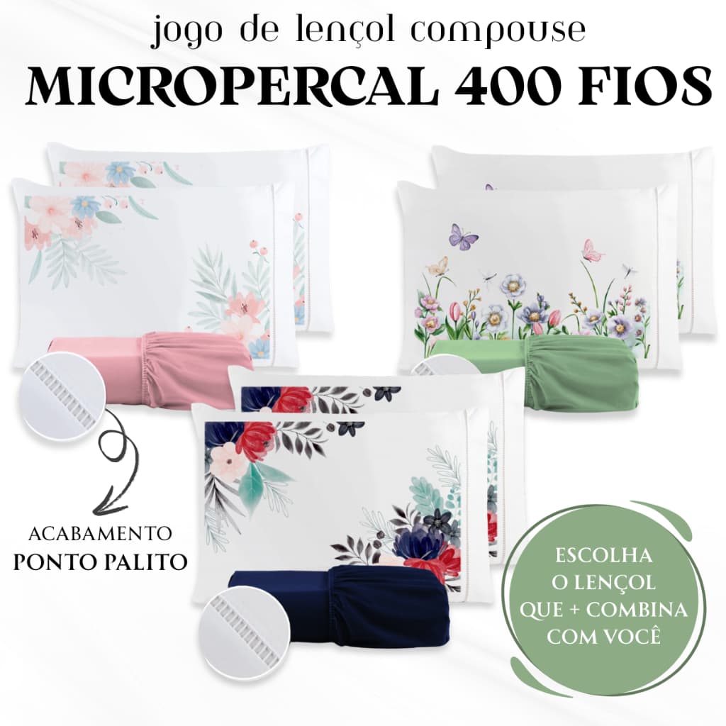 Kit Jogo de Lençol Micropercal 400 FIOS Compouse + Fronha Ponto Palito
