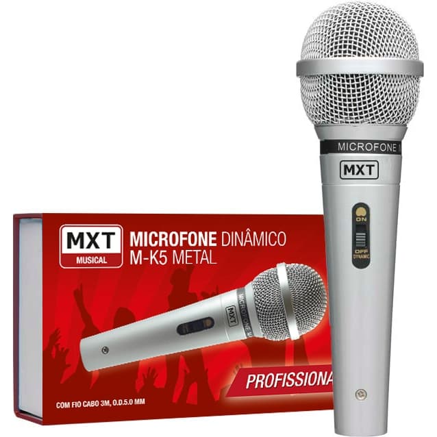 Microfone Profissional Dinâmico MXT MK-5 Metal Prata Cabo 3m Chave Liga/Desliga para Karaokê e Eventos