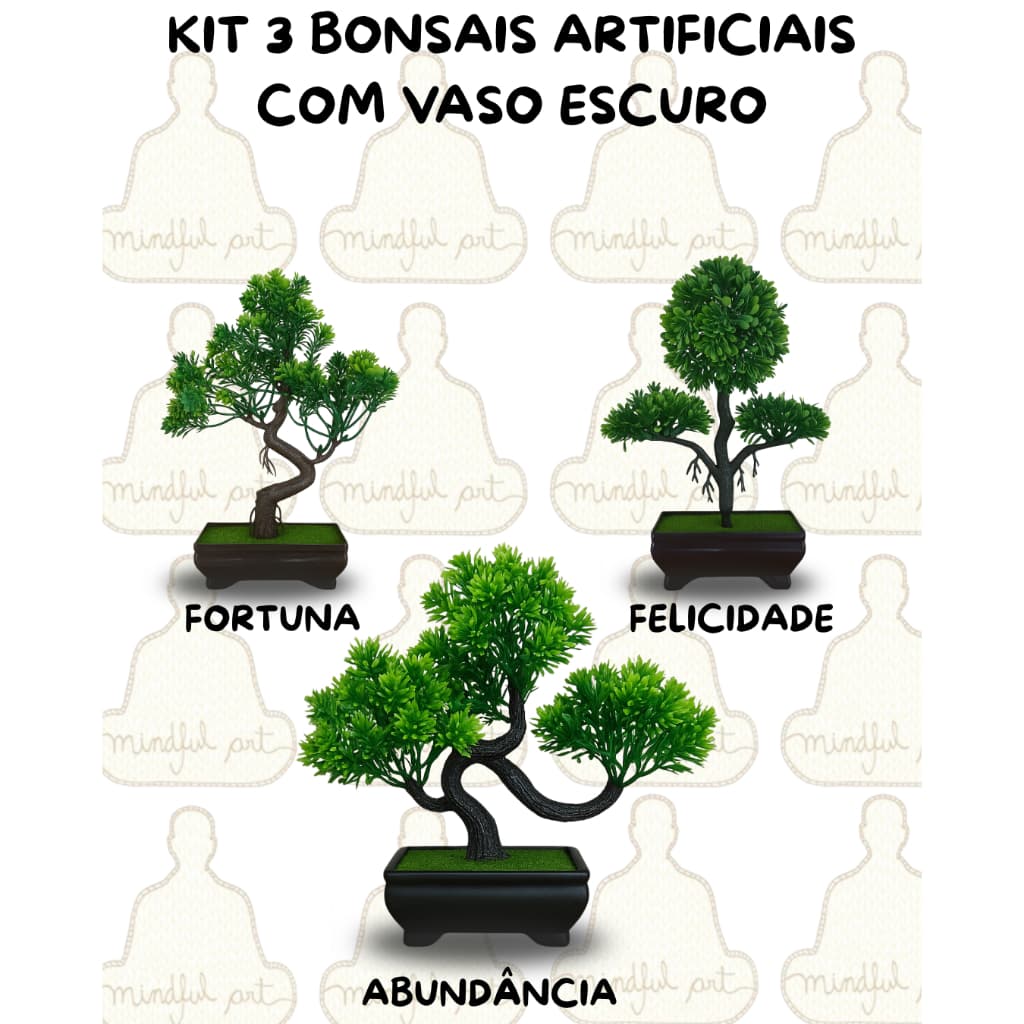 Kit 3 Plantas Bonsais Artificiais -Felicidade Fortuna e Abundância Vaso Escuro Beleza sem Manutenção