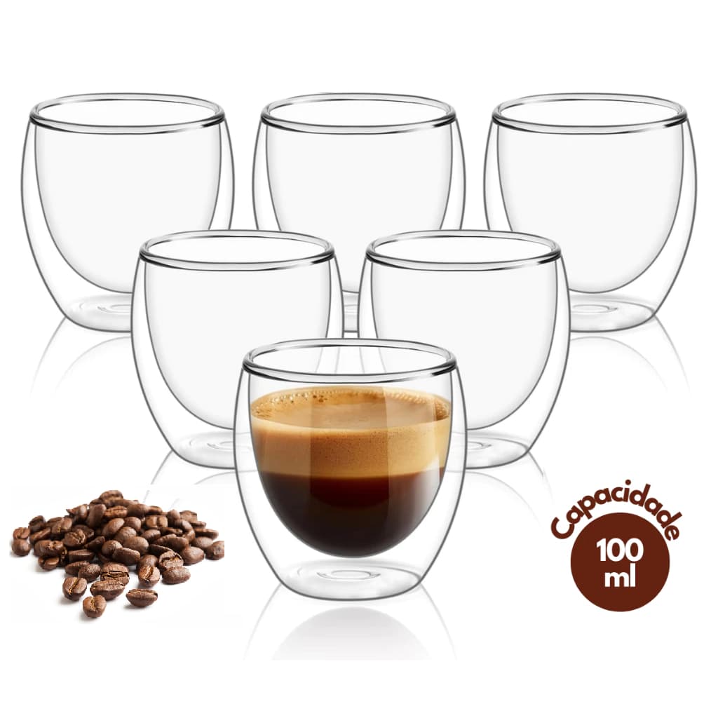 Kit Copos Parede Dupla de Vidro 100 ml Cafe Cha Copo Duplo Isolante Térmico