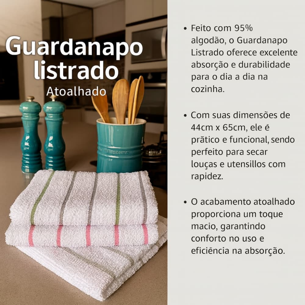Pano de Copa Premium Listrado Atoalhado Algodão Absorvente Pano de Prato kit 12 24 36