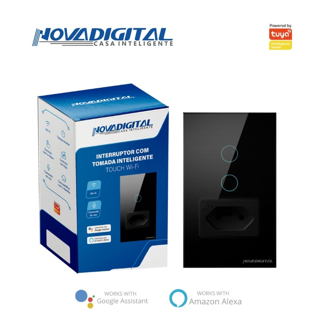 Interruptor Novadigital Touch 2 Botões Teclas Tomada 10 e 20A Inteligente Wifi Alexa Original Preto