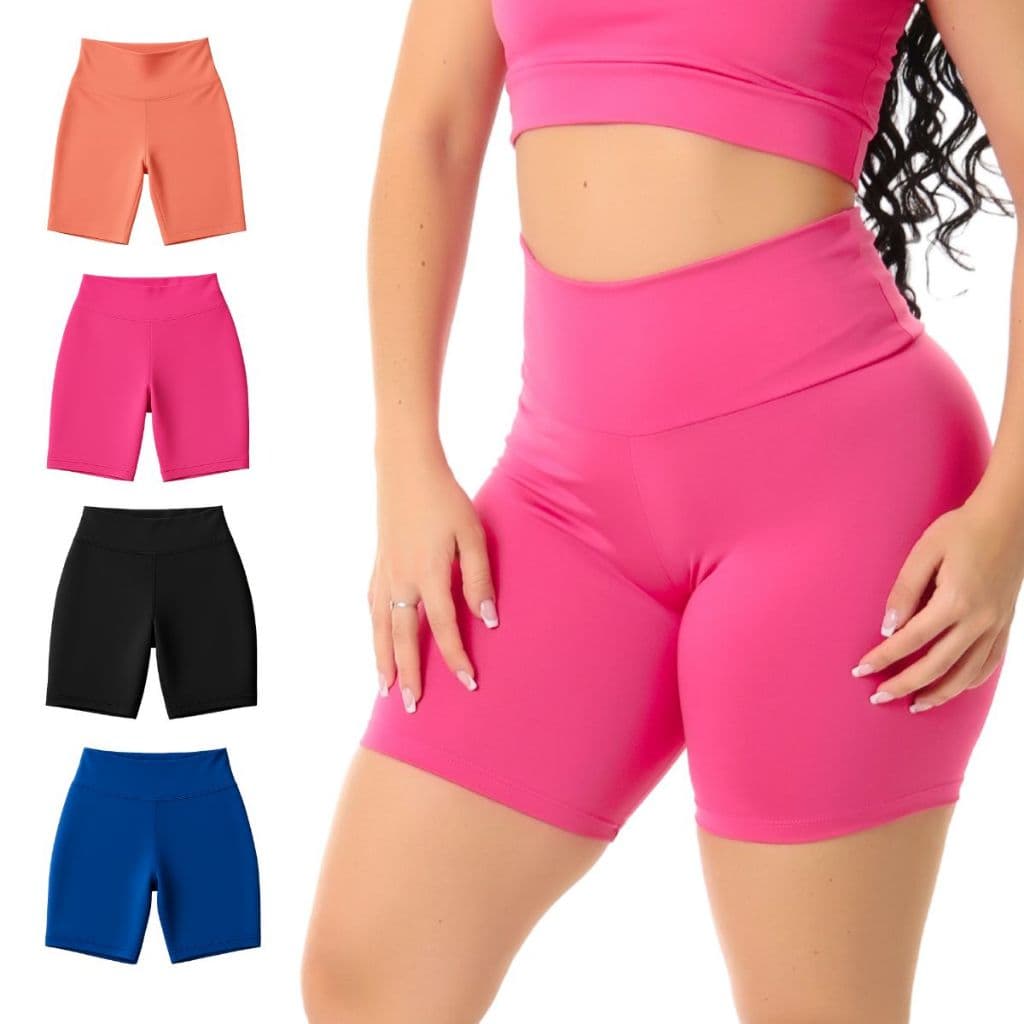 Kit 4 Shorts Fitness Feminino Suplex Cintura Alta Academia BermudaCorrida CiclismoMeiaCoxa