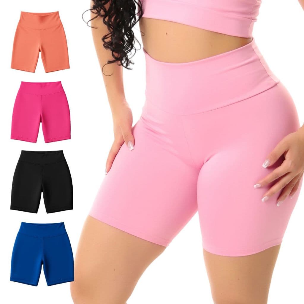 Kit5 Shorts Fitness Feminino Suplex Cintura Alta Academia Treino Bermuda Corrida MeiaCoxa