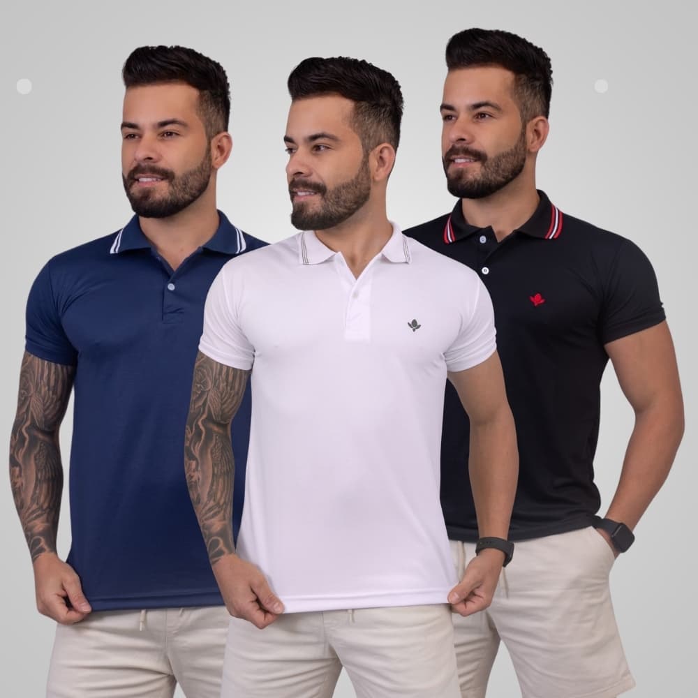 KIT 3 CAMISETA GOLA  POLO MASCULINA  SLIN PIQUET CASUAL MINIMALISTA PREMIUM