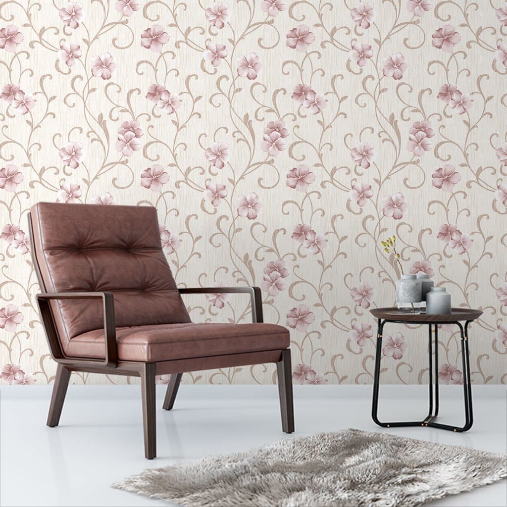 Papel de Parede Adesivo Decorativo Elegância Floral Rosa com Fundo Bege