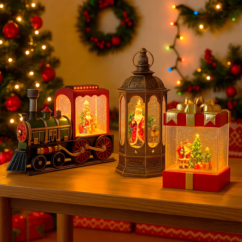 Enfeite decoração de natal natalina lâmpada globo de neve usb pilha árvore trem igreja lanterna TV
