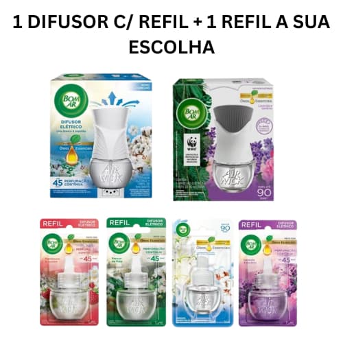 Bom Ar Difusor Elétrico c/ Aparelho e 2 Refis | Aromatizador | Refil Extra