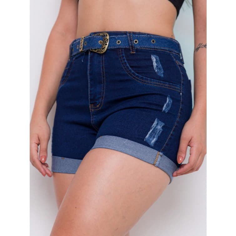 Shorts jeans buraco com cinto azul moda  femininos