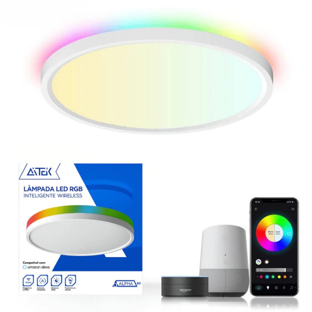 Luminária LED Smart 30 cm RGB CW Plafon Embutido Wi-Fi Temporizador Cenas Controle Remoto