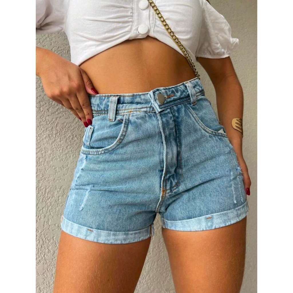 Short Bermuda Jeans Feminina Com Ziper Bolso  Rasgadas Verão Estilo Elegante Liso Juvenil Natural Com bolso