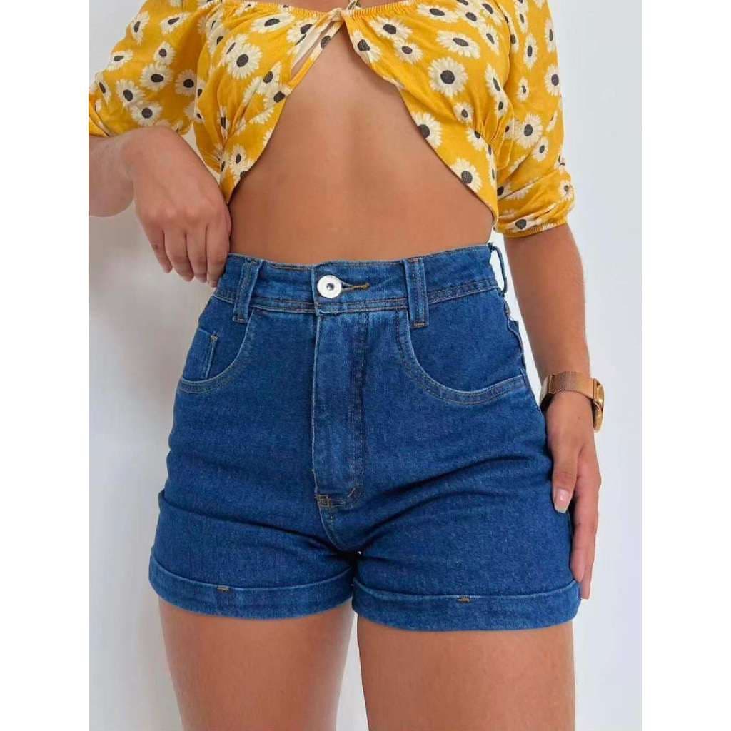 Short Bermuda Jeans Feminina Com Ziper Bolso Sem Rasgadas Verão Estilo Elegante Liso Juvenil Natural Com bolso na frente
