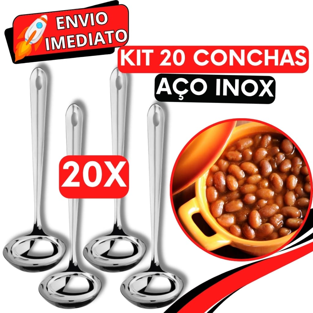 KIT Jogo 20 Concha de Feijão Inox Super Resistente para Servir Molho Feijão Sopa Caldo para Casa Restaurante Buffet