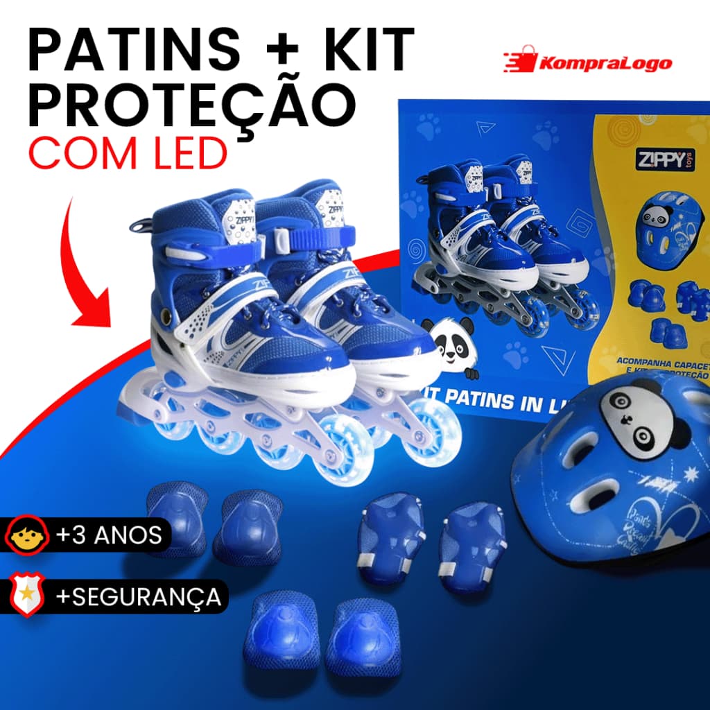Patins Zippy Kit Proteção Infantil Menino Azul Barato Led 30 a 33