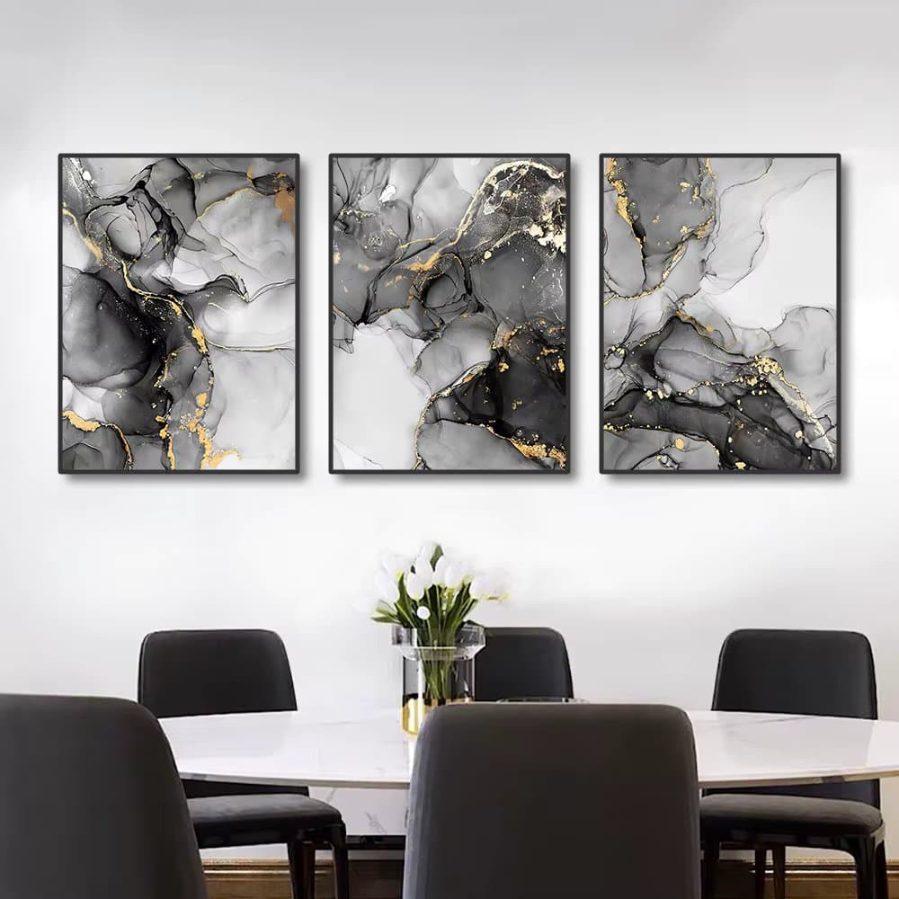 Kit 3 Quadros Mármore Abstrato – Preto, Branco e Dourado em MDF para Sala e Decoração Moderna