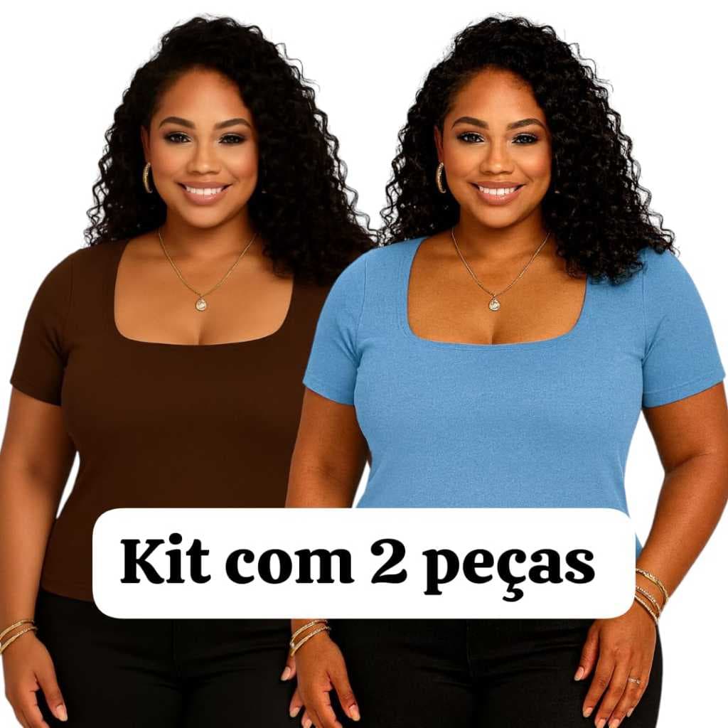 Kit com 2 Blusa Plus Size Feminina DecoteQuadrado Casual BlusinhaBásica Estilosa MangaCurta Elegante