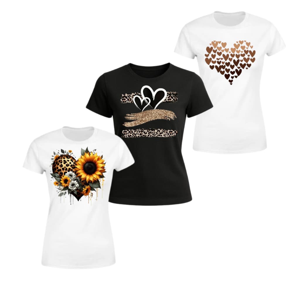 Kit 3 Camisas Femininas Varias Estampas Casual Love e Corçao - Envio Imediato