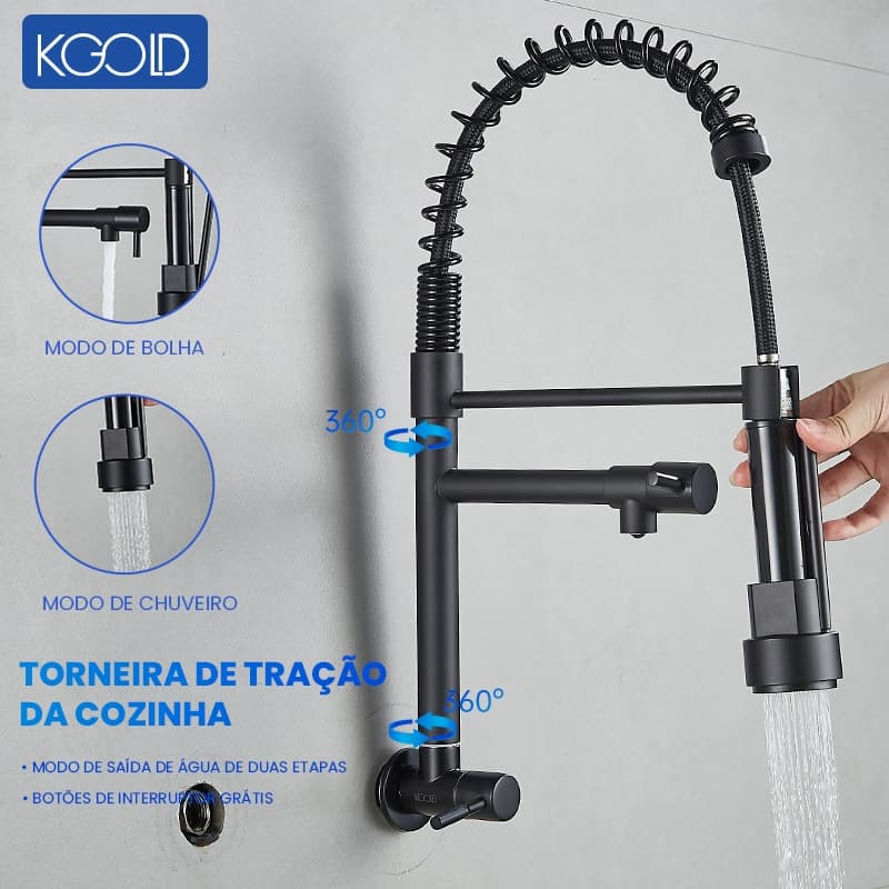 Torneira de Cozinha Gourmet Monocomando KGOLD com Extensor de Chuveiro Flexível e Tubo Ajustável 360°