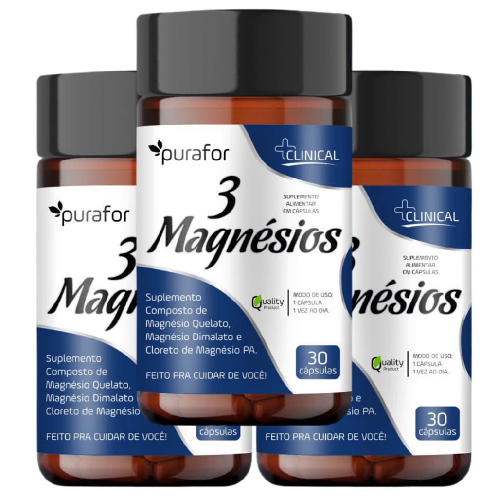 3 Suplementos Três Magnésios Dimalato Cloreto PA e Quelato Com 30 Cápsulas Cada