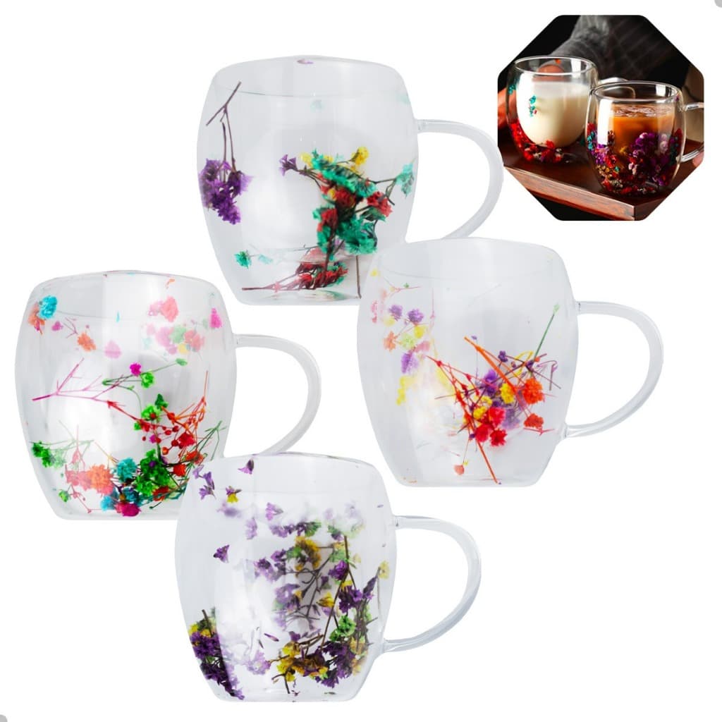 Kit 4 Canecas Vidro Borossilicato Parede Dupla 250ml Com Flores Secas Sortidas